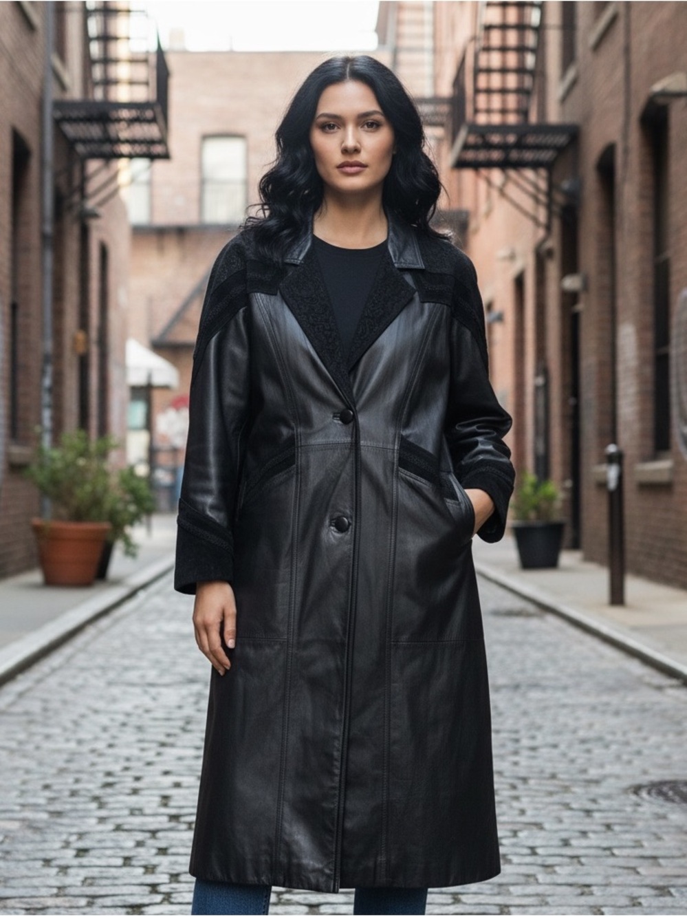 Vtg 80s Jacqueline Ferrar Black Leather Trench Coat Belted Goth Womens XL